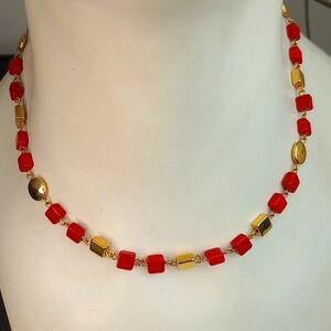 Worthington Red and Goldtone Cube and Disc Necklace 18"